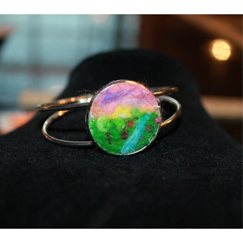 Felted Miniature Bracelet Landscape adjustable sunset, trees, river, flower gift